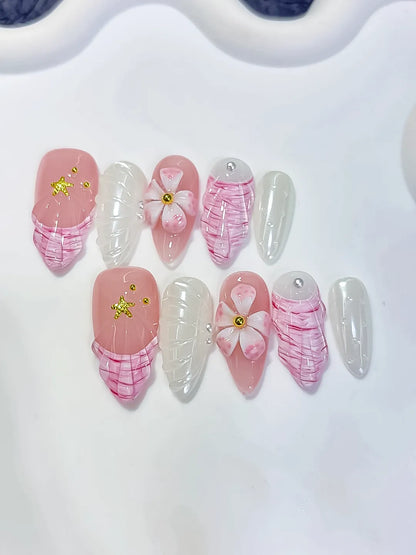 Medium Pink White Almond French tip Flower Shell