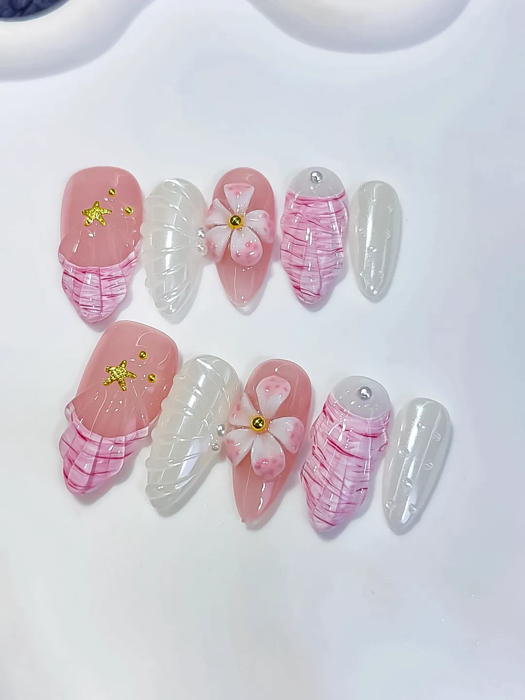 Medium Pink White Almond French tip Flower Shell