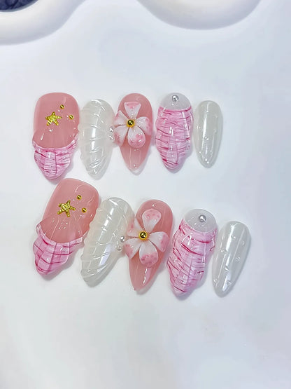 Medium Pink White Almond French tip Flower Shell