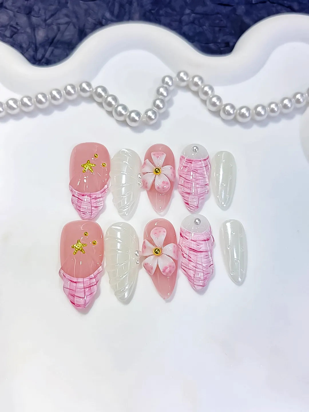 Medium Pink White Almond French tip Flower Shell