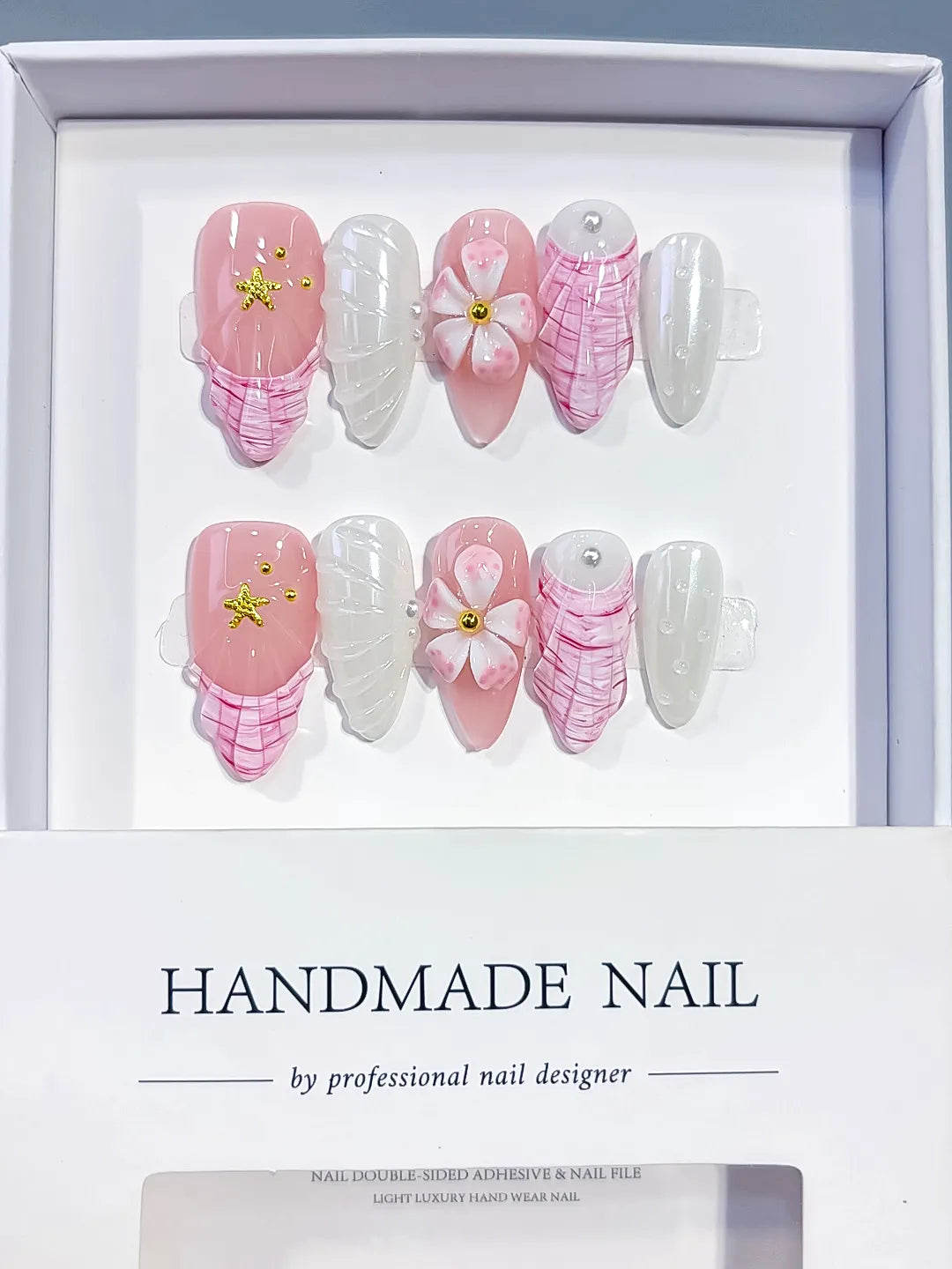 Medium Pink White Almond French tip Flower Shell