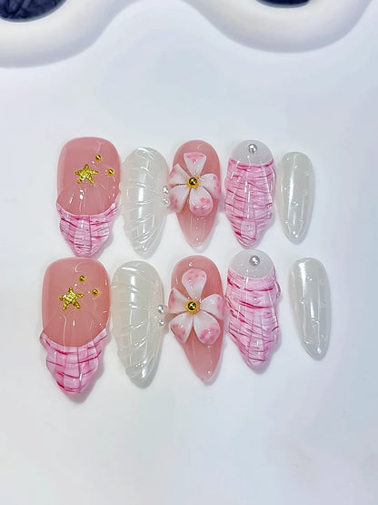 Medium Pink White Almond French tip Flower Shell