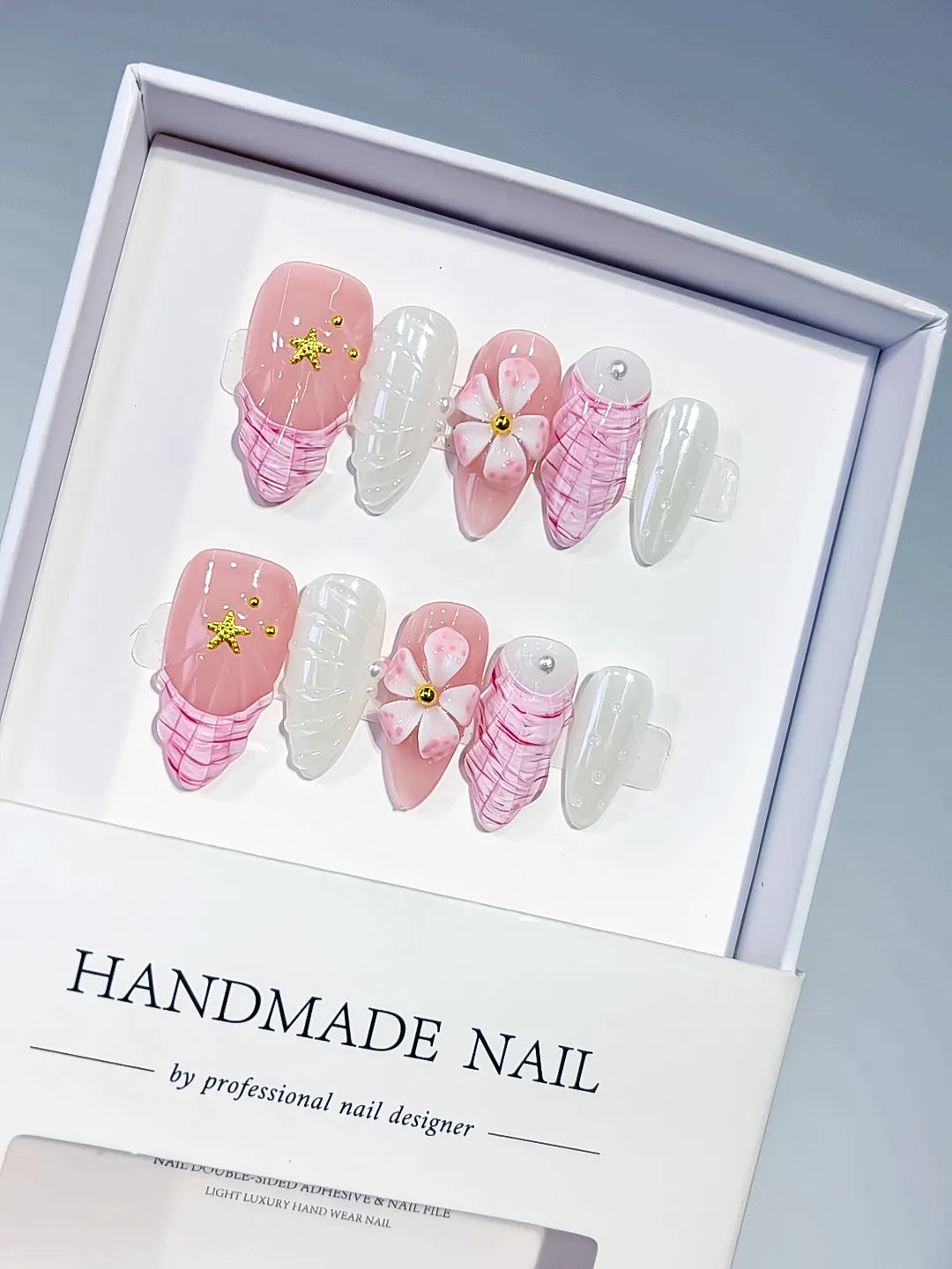 Medium Pink White Almond French tip Flower Shell