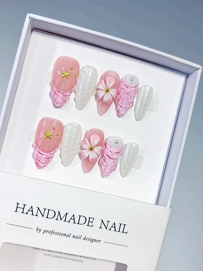 Medium Pink White Almond French tip Flower Shell