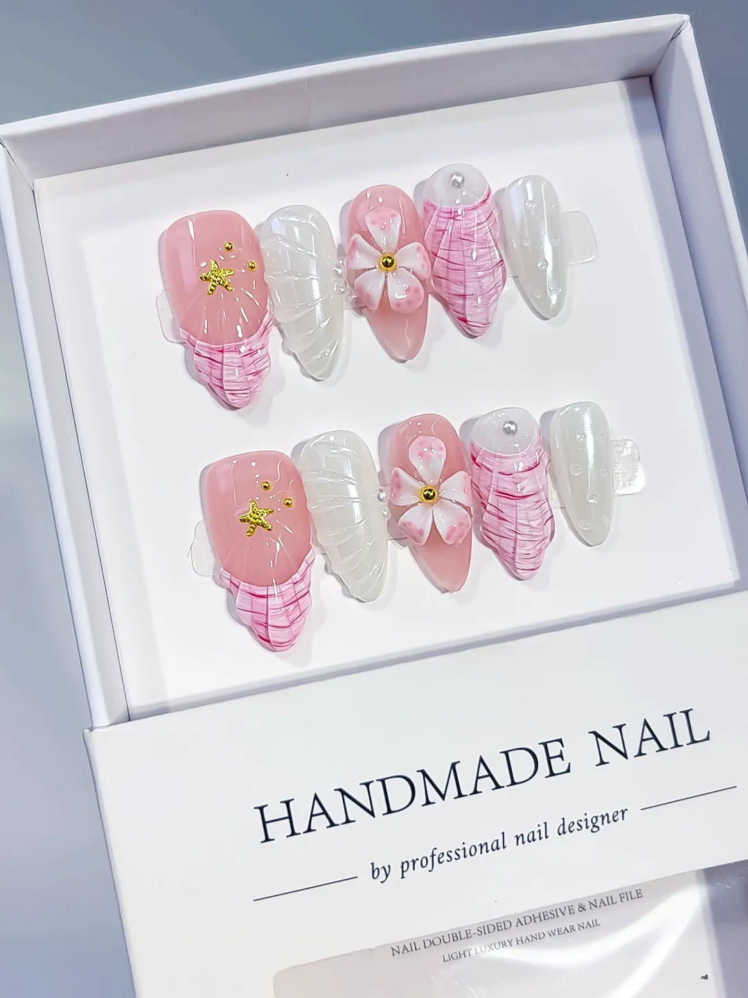 Medium Pink White Almond French tip Flower Shell