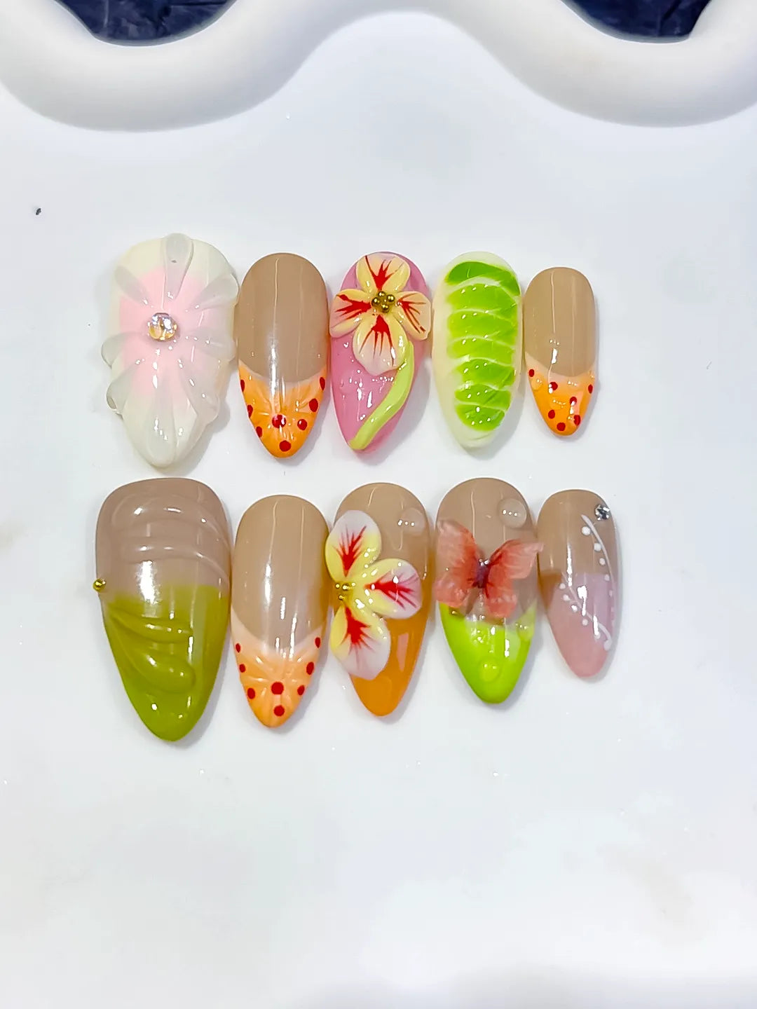 Medium Nude Green Almond Abstract Flower Fruit
