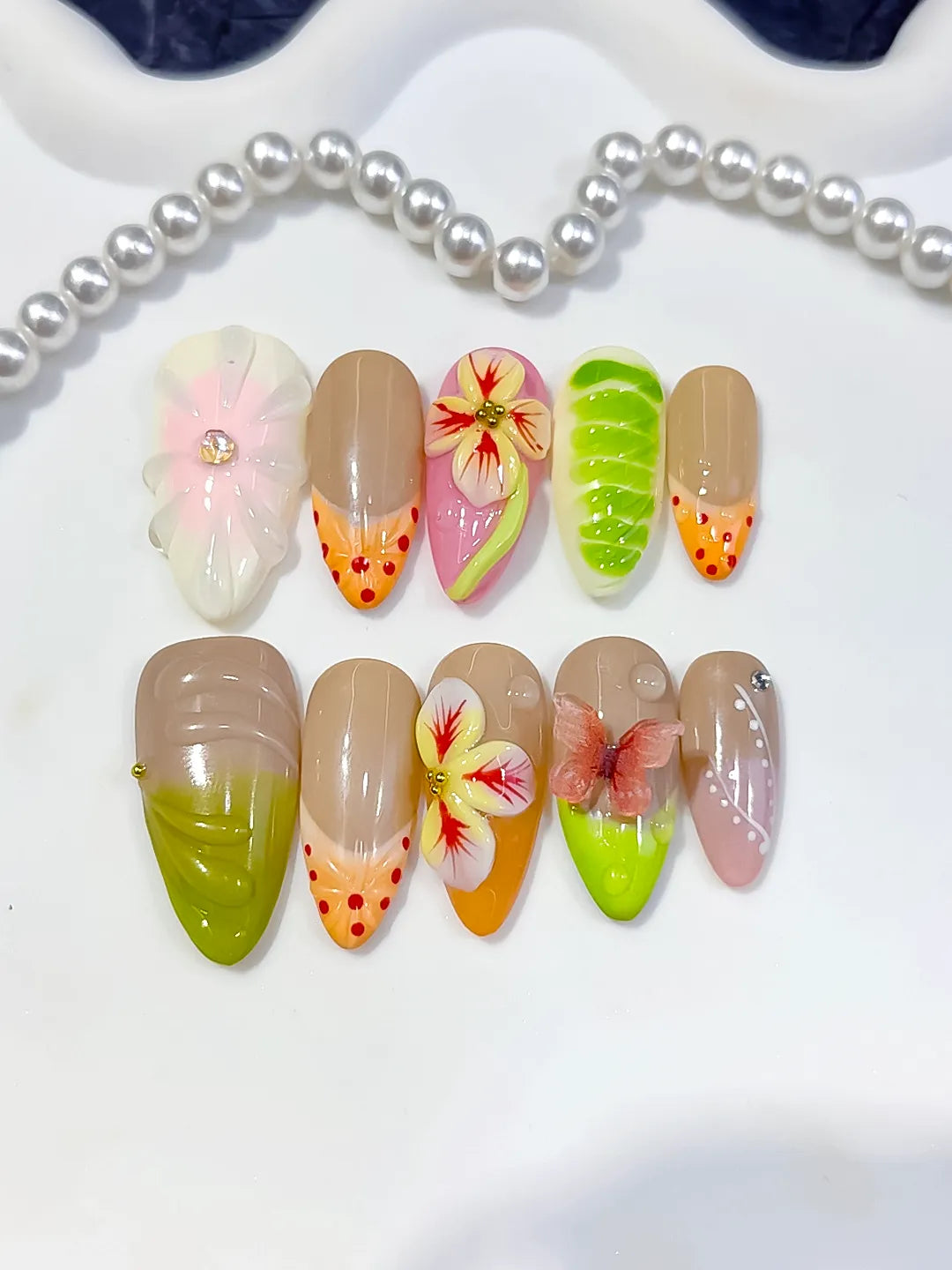 Medium Nude Green Almond Abstract Flower Fruit