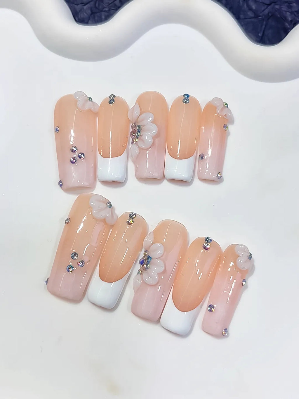 Long Nude White Square French tip Flower Rhinestone