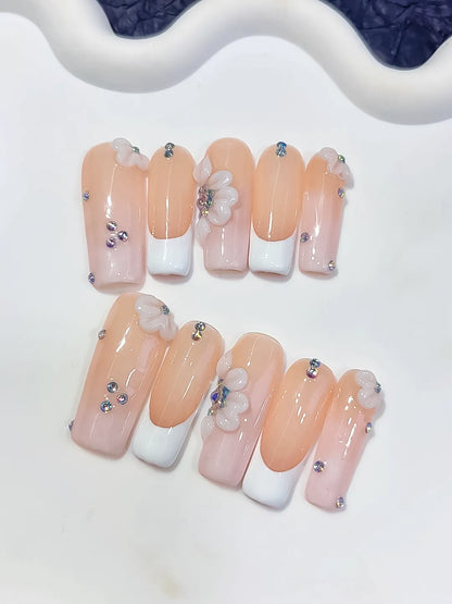 Long Nude White Square French tip Flower Rhinestone