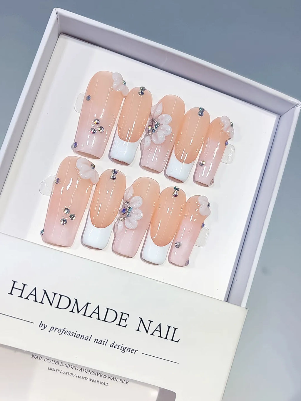 Long Nude White Square French tip Flower Rhinestone