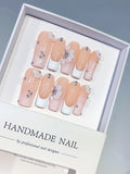 Long Nude White Square French tip Flower Rhinestone