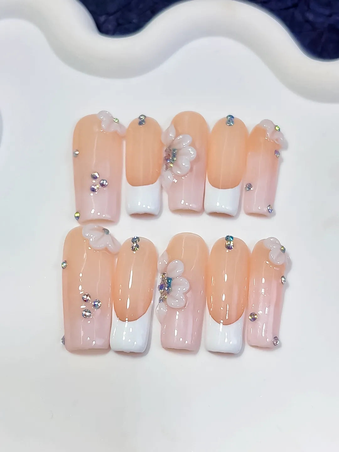 Long Nude White Square French tip Flower Rhinestone