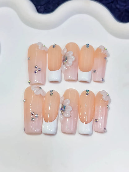 Long Nude White Square French tip Flower Rhinestone