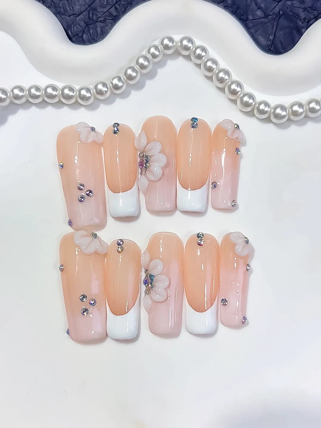 Long Nude White Square French tip Flower Rhinestone