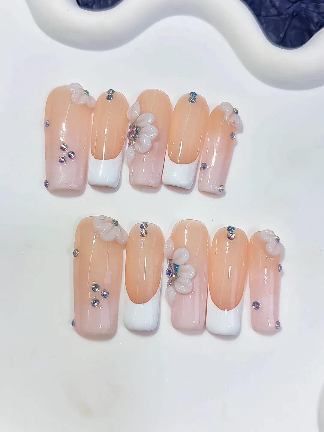 Long Nude White Square French tip Flower Rhinestone