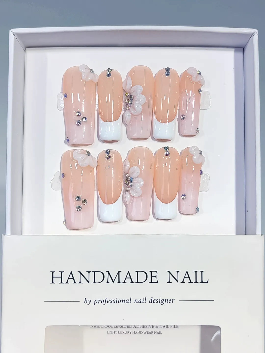 Long Nude White Square French tip Flower Rhinestone