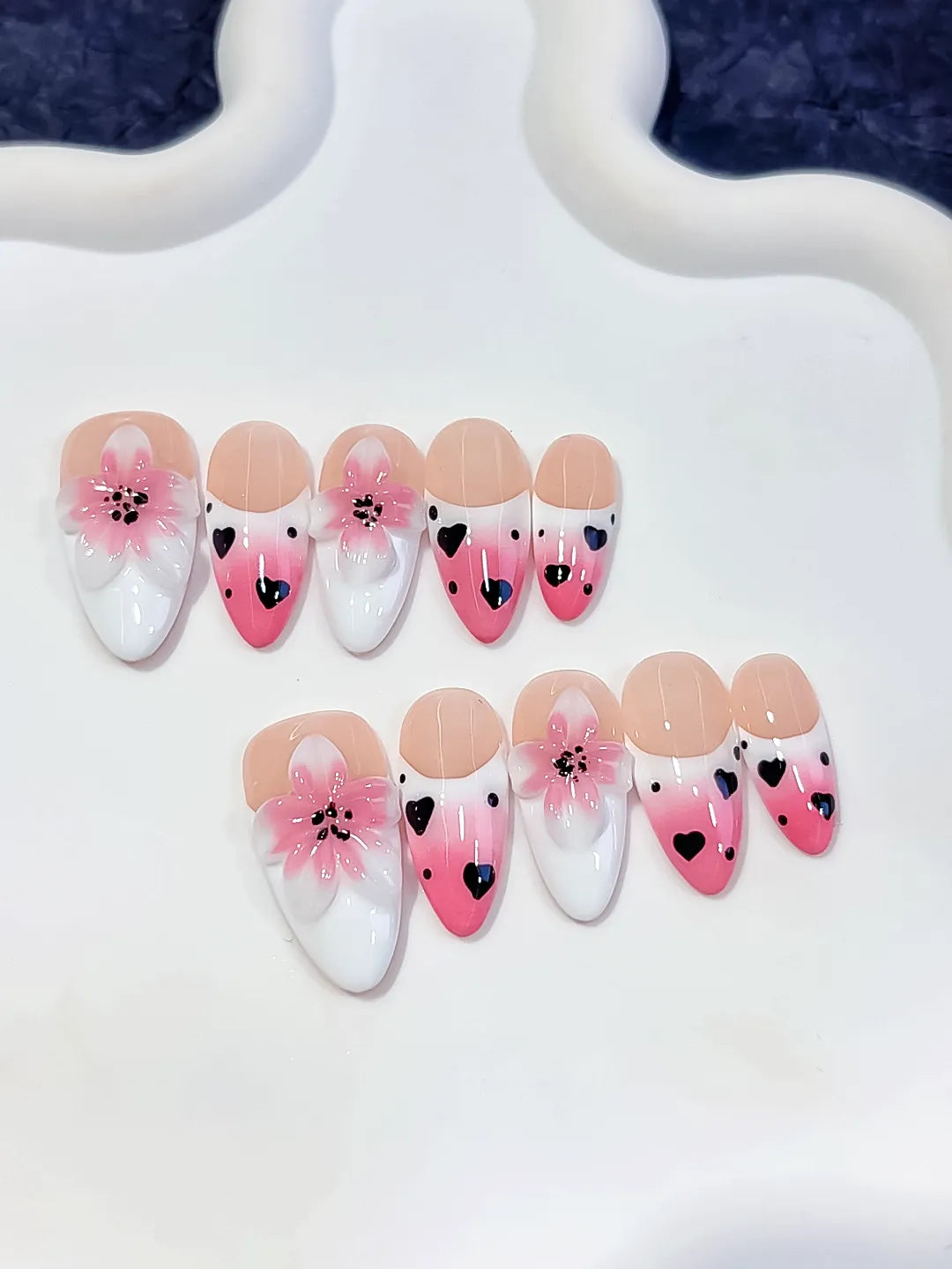 Medium Pink White Almond French tip Flower Heart