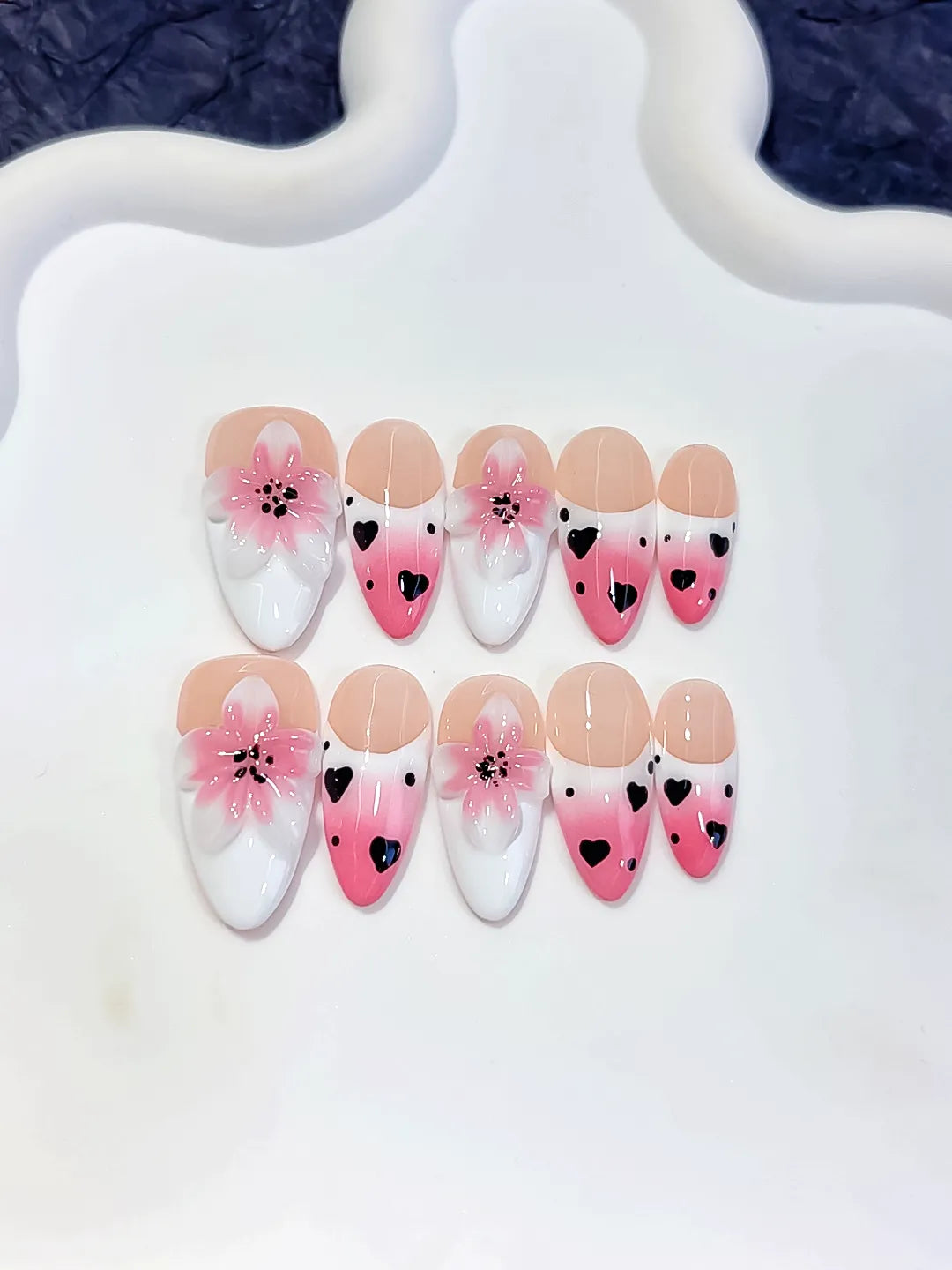 Medium Pink White Almond French tip Flower Heart