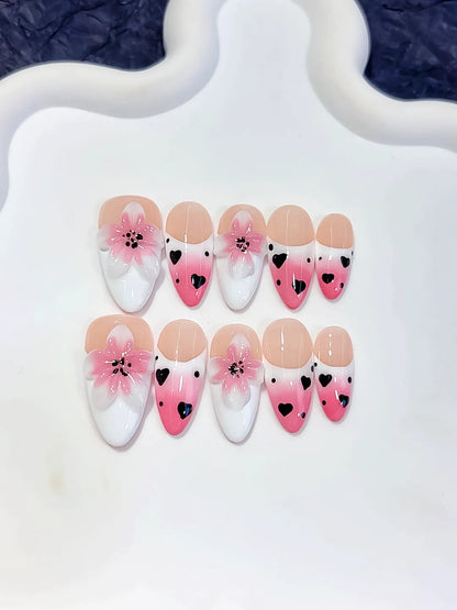 Medium Pink White Almond French tip Flower Heart