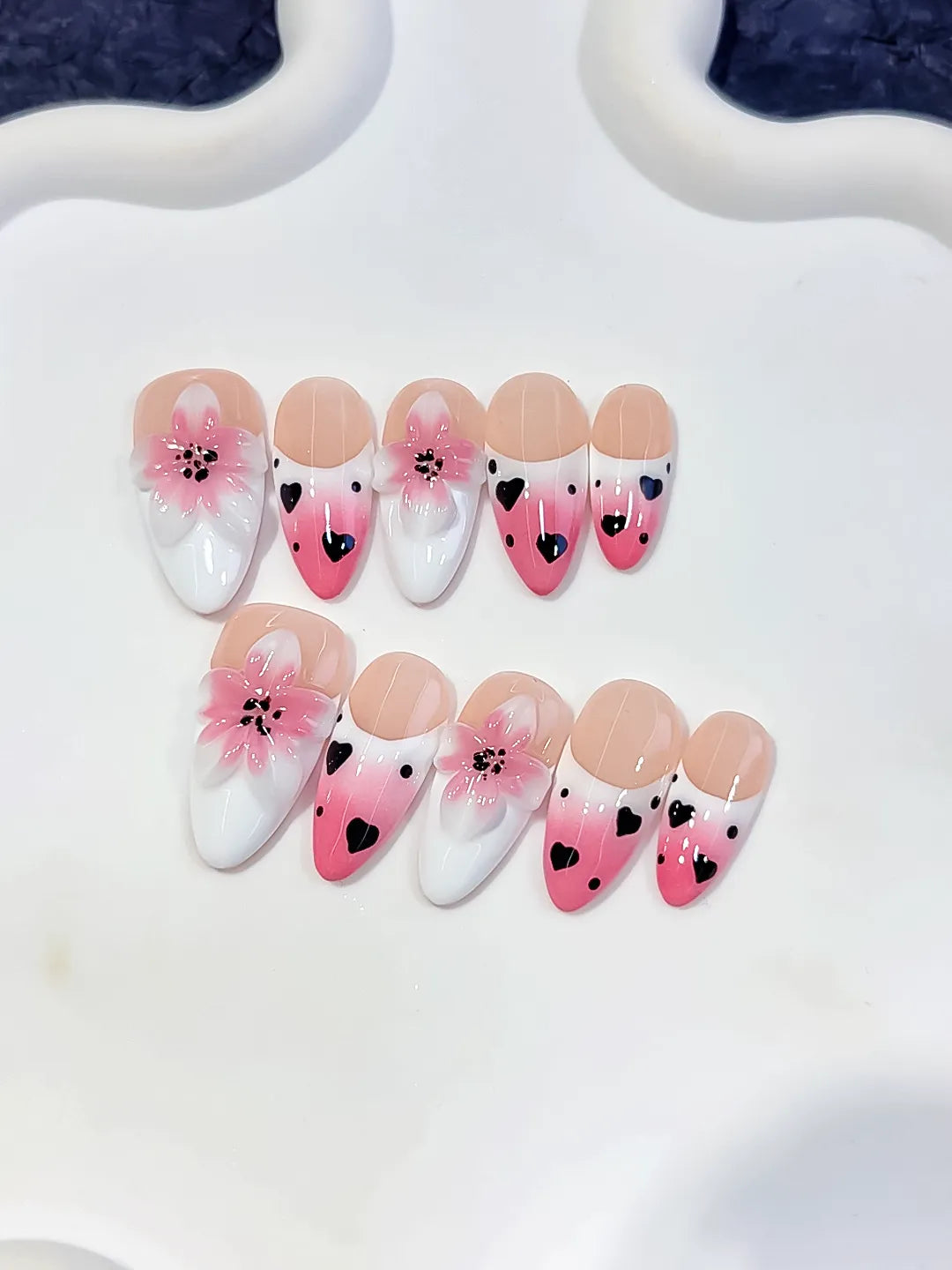 Medium Pink White Almond French tip Flower Heart