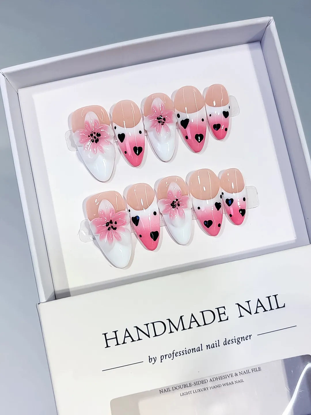Medium Pink White Almond French tip Flower Heart