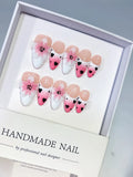 Medium Pink White Almond French tip Flower Heart