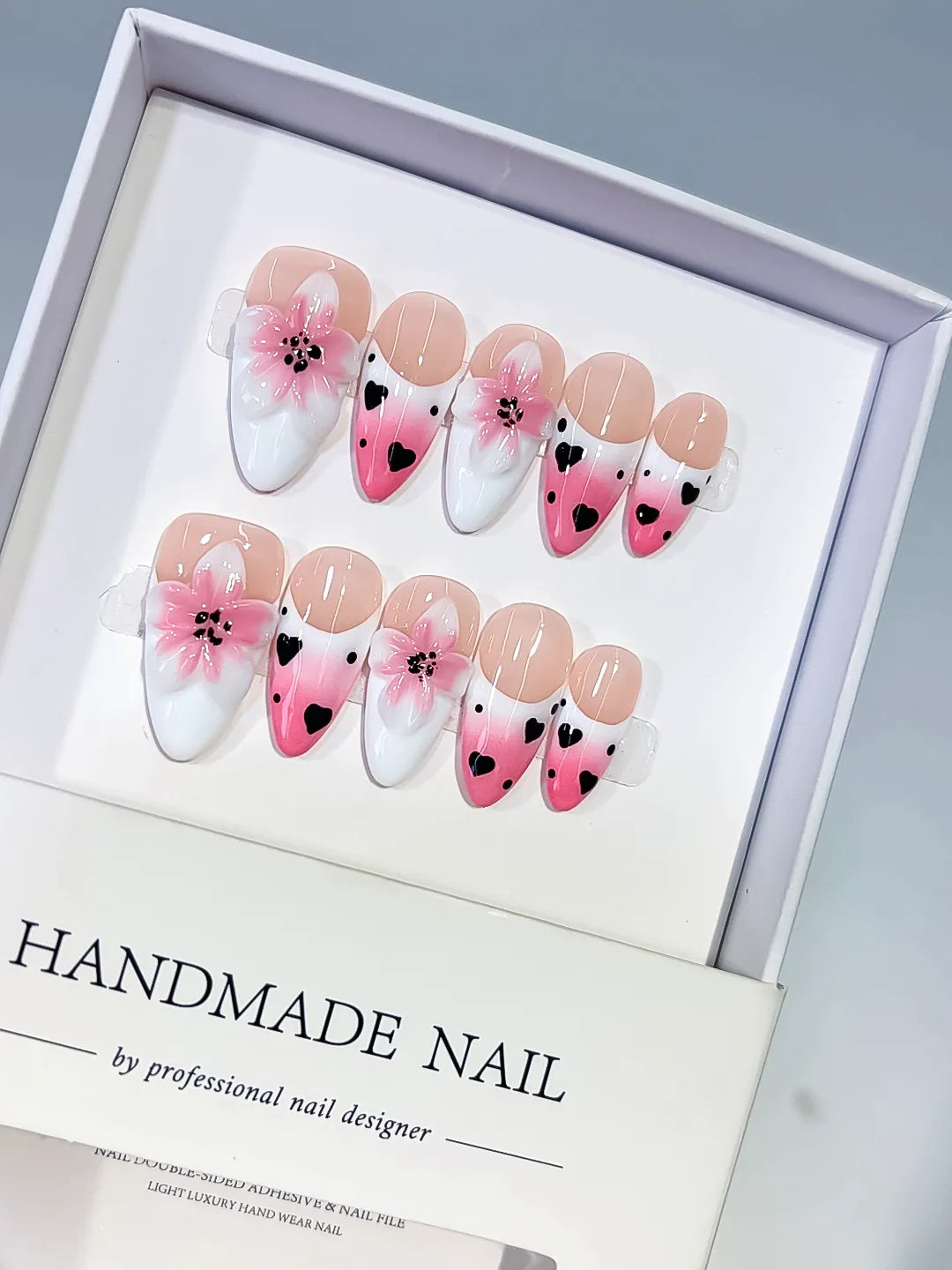 Medium Pink White Almond French tip Flower Heart