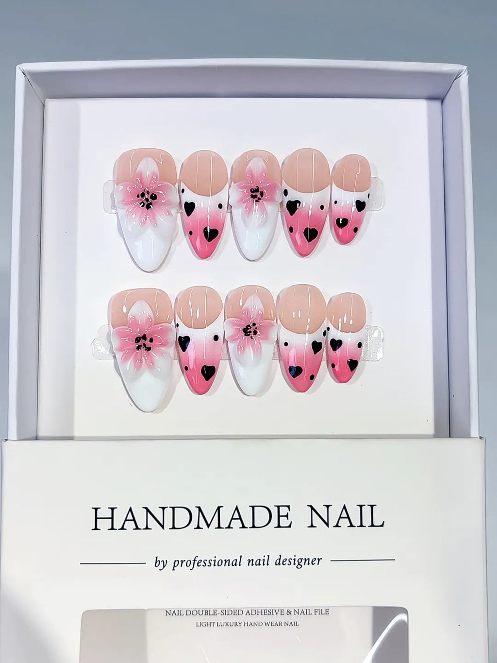 Medium Pink White Almond French tip Flower Heart