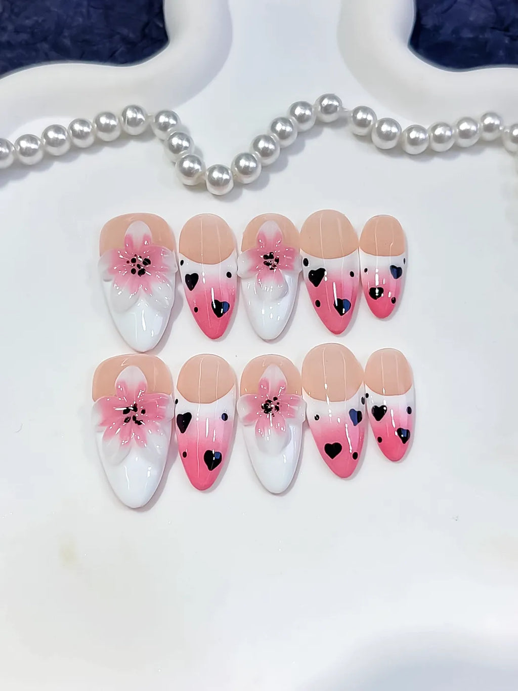 Medium Pink White Almond French tip Flower Heart