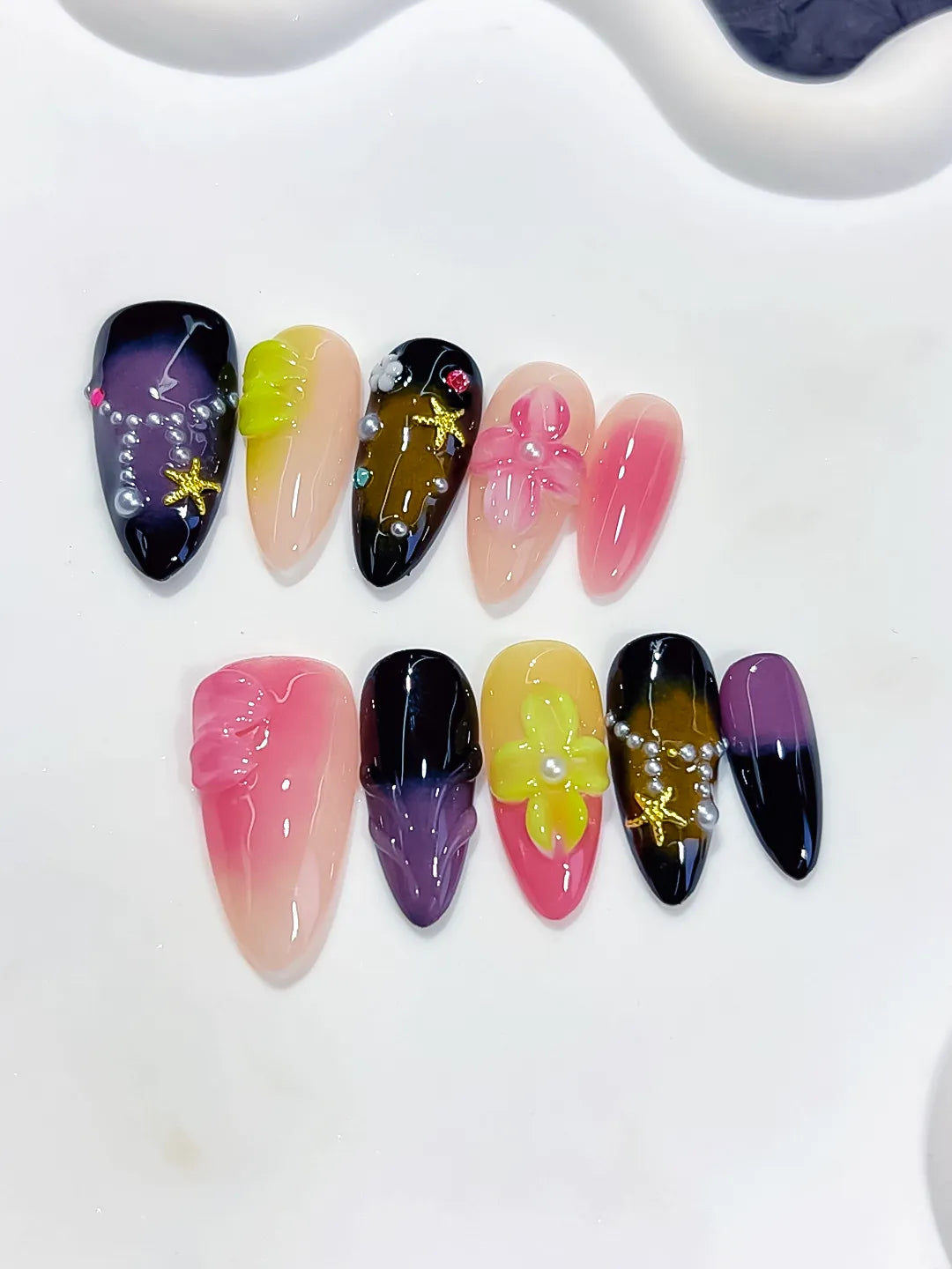 Medium Pink Black Almond Abstract Flower Star