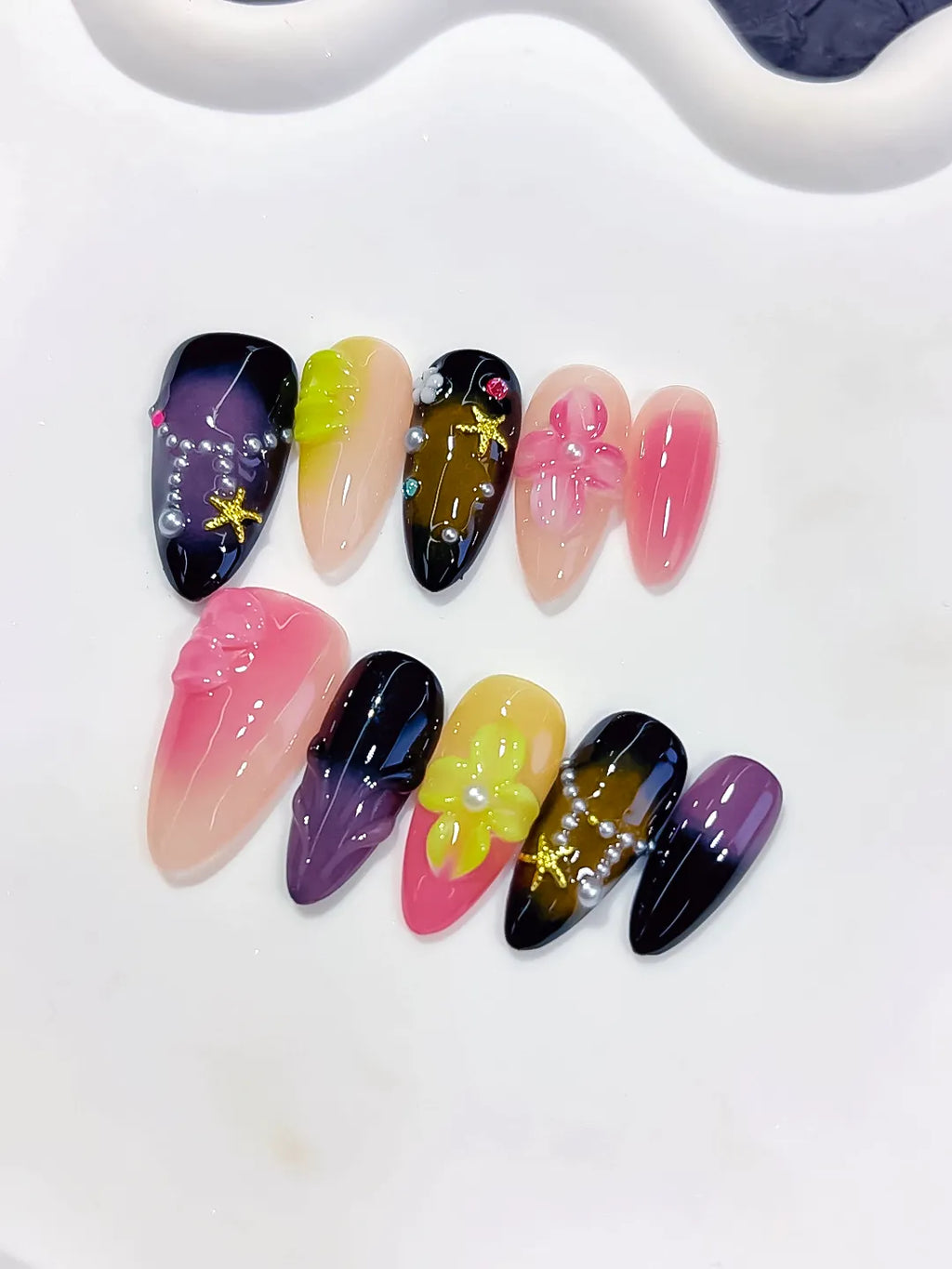 Medium Pink Black Almond Abstract Flower Star