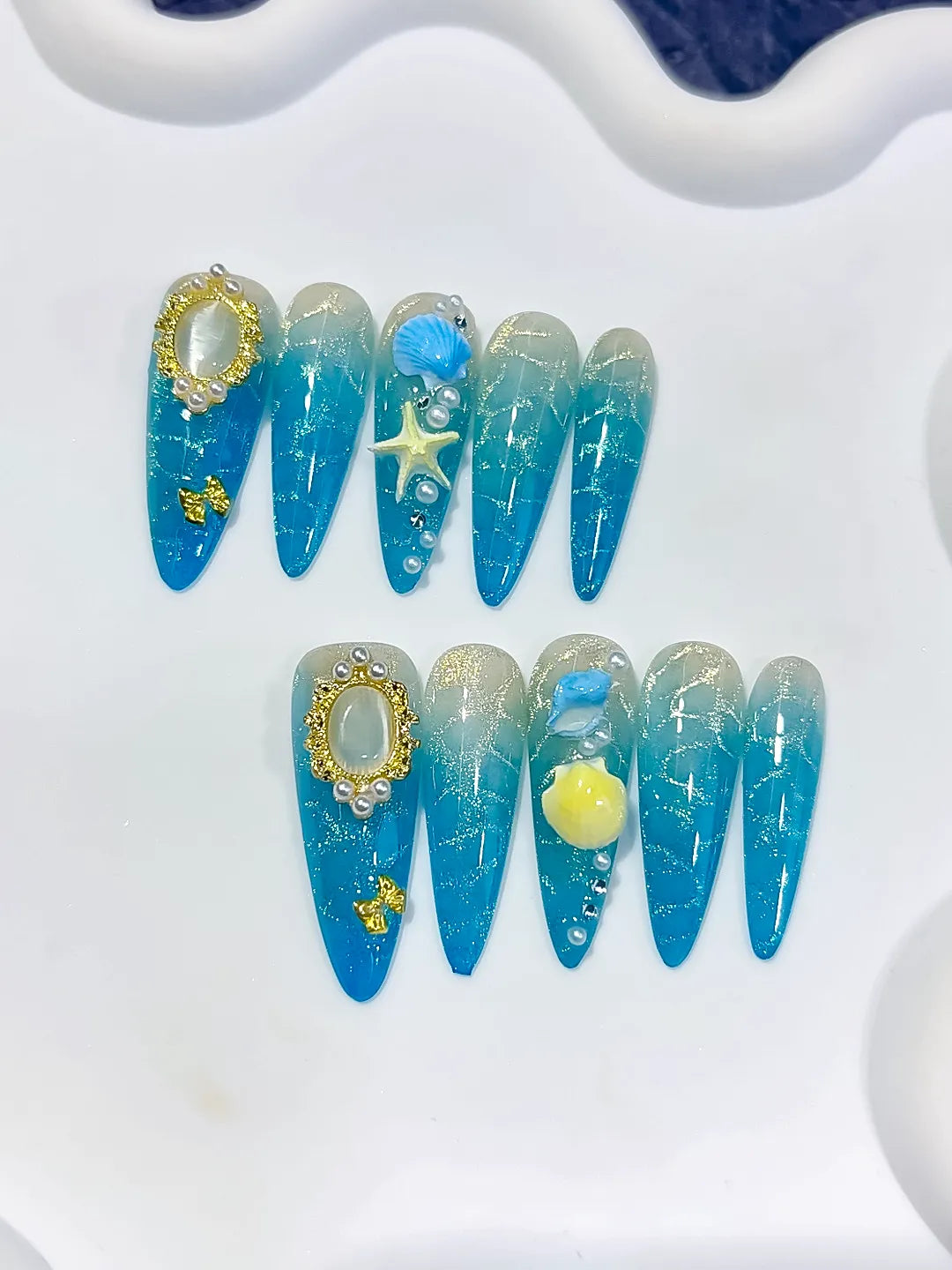 Long Blue Silver Stiletto Glitter Pearl Star