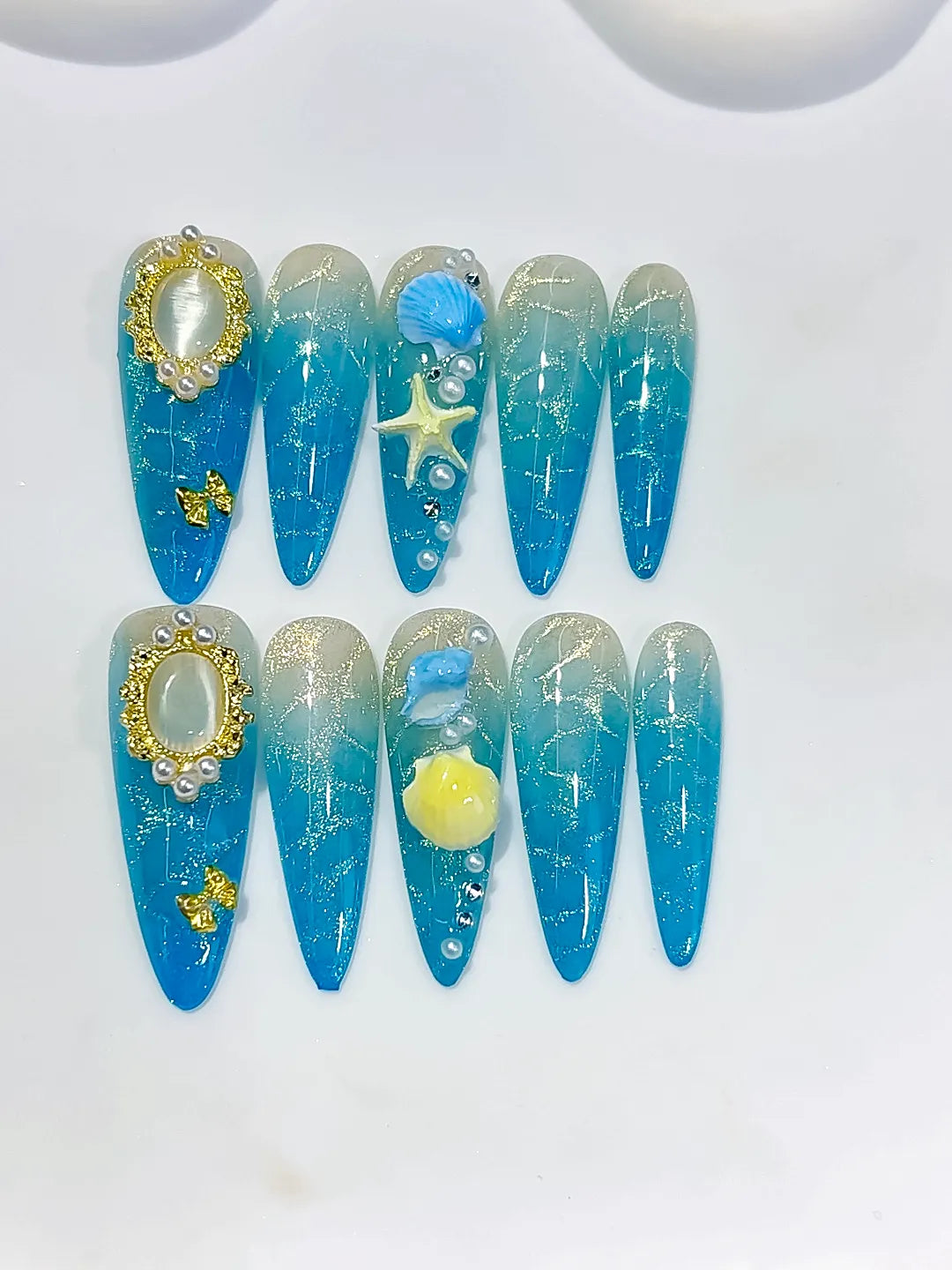 Long Blue Silver Stiletto Glitter Pearl Star