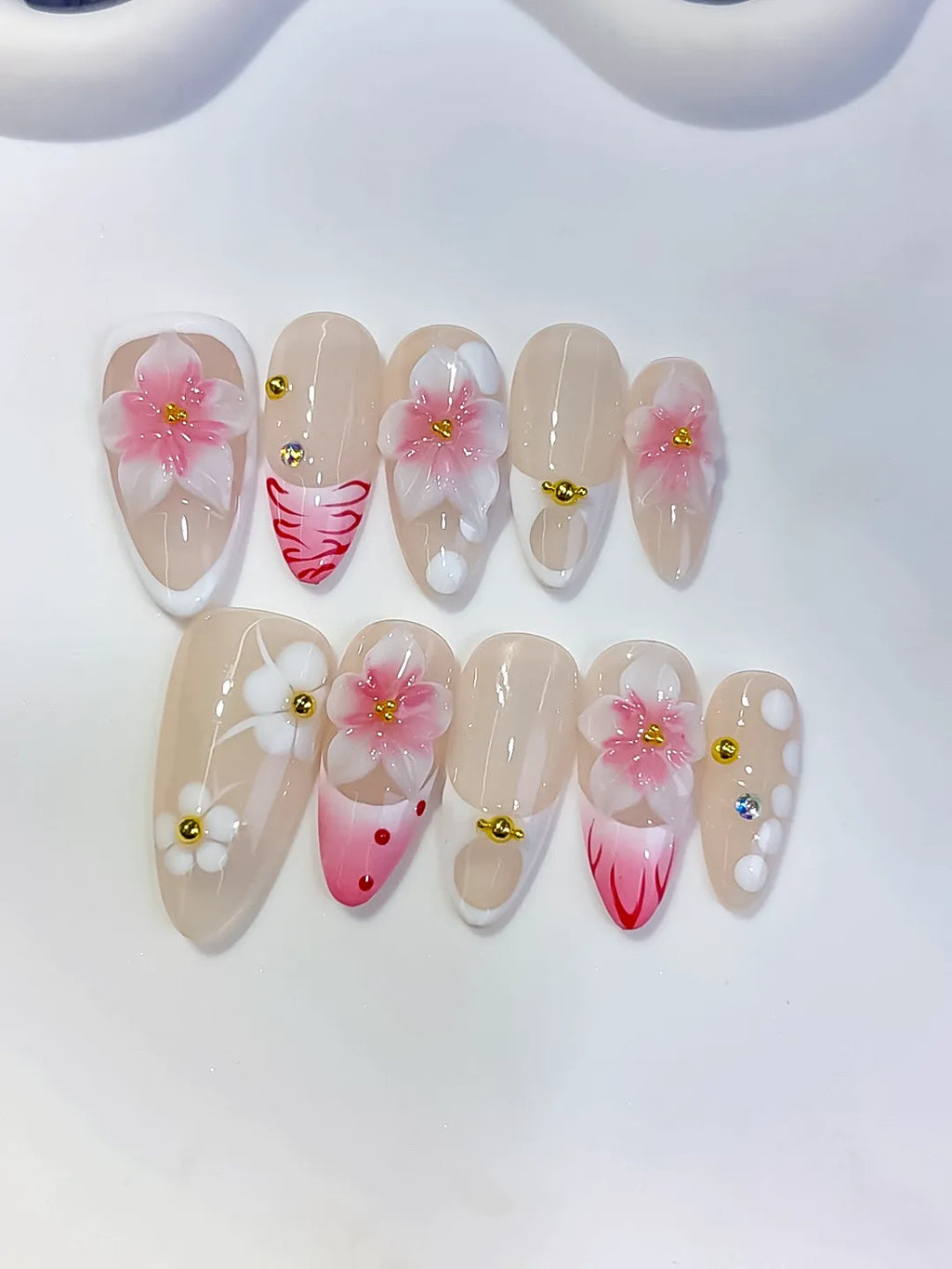 Medium Nude Pink Almond French tip Flower Dot Pattern