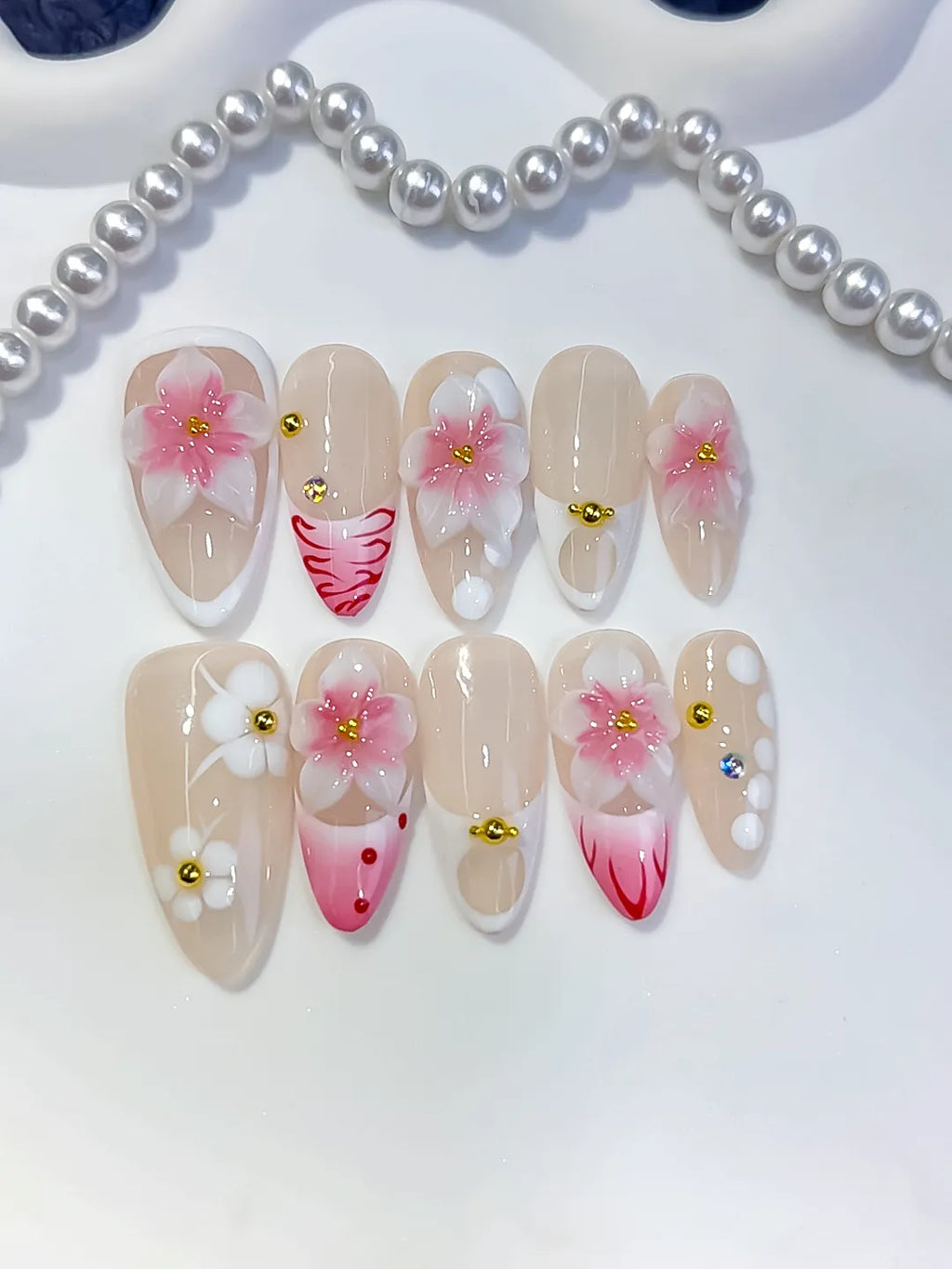 Medium Nude Pink Almond French tip Flower Dot Pattern