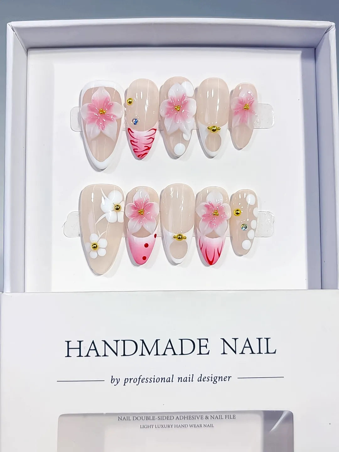 Medium Nude Pink Almond French tip Flower Dot Pattern