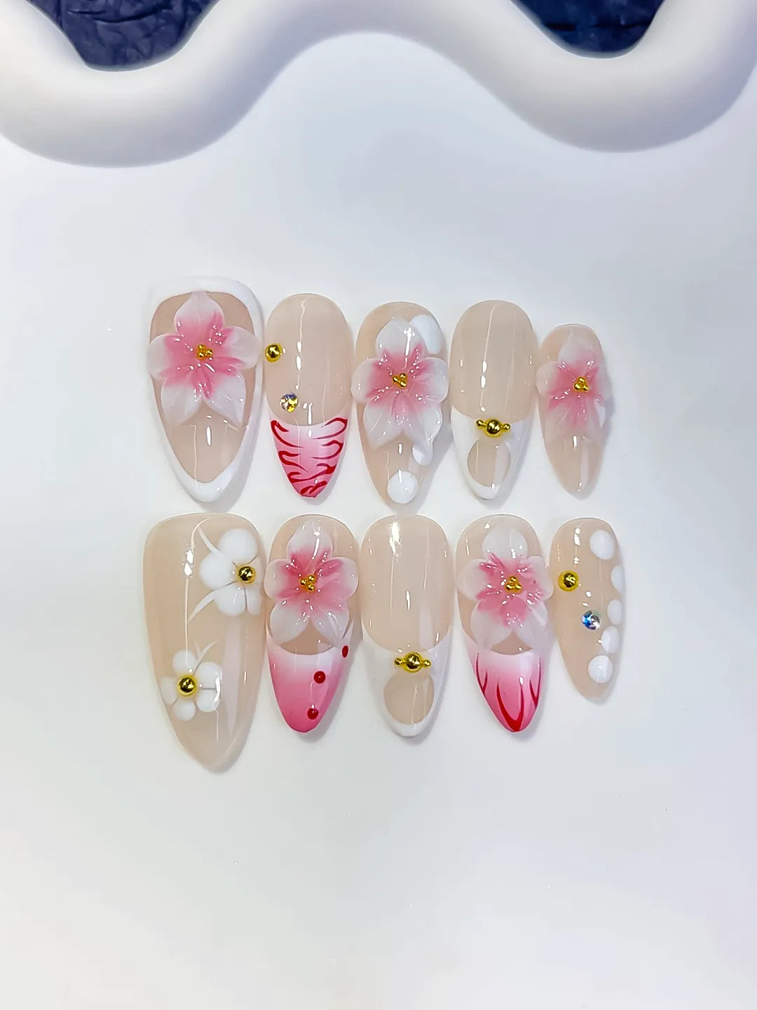 Medium Nude Pink Almond French tip Flower Dot Pattern