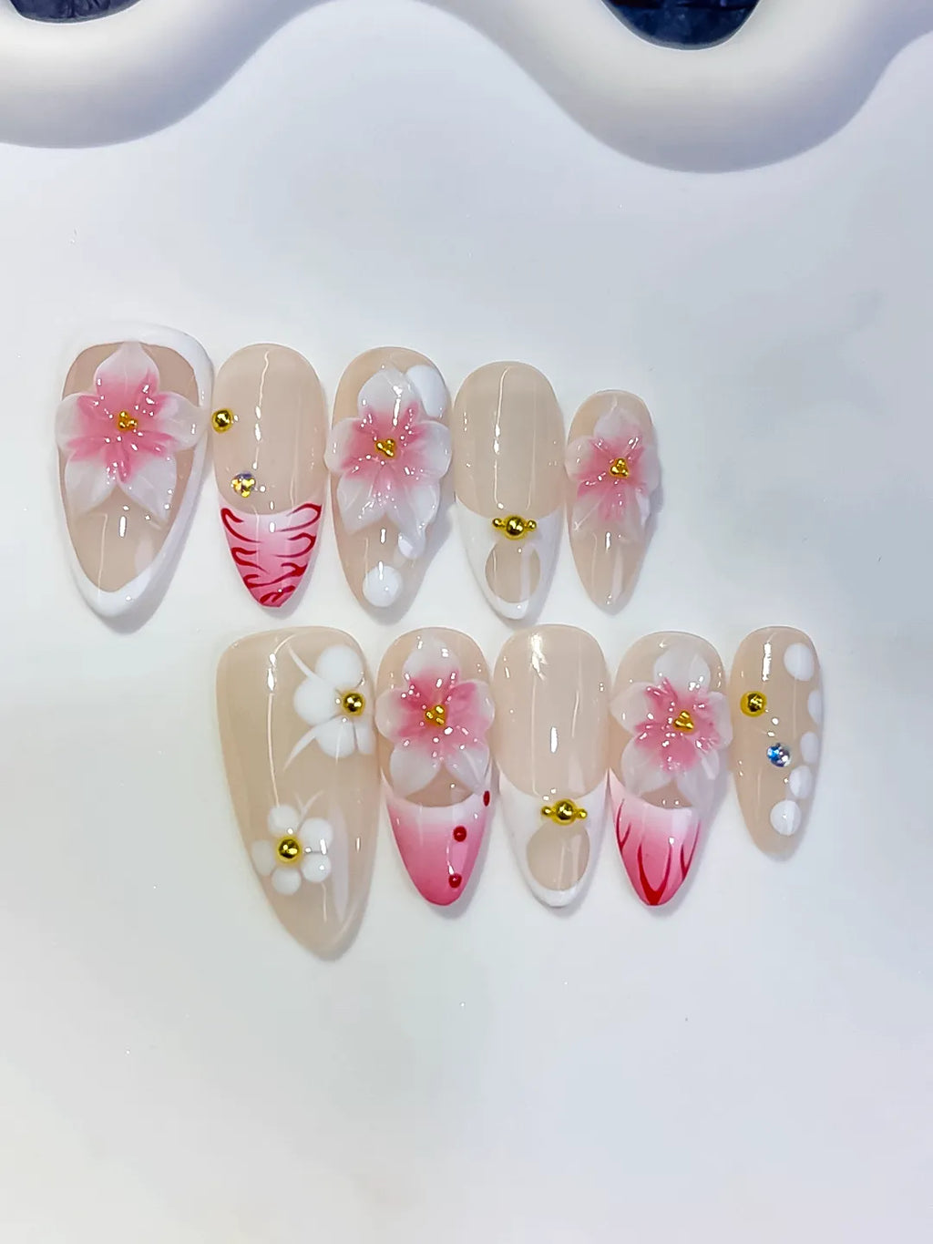 Medium Nude Pink Almond French tip Flower Dot Pattern