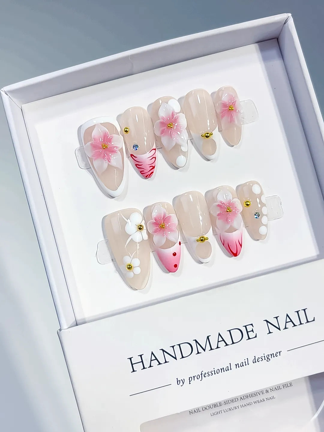 Medium Nude Pink Almond French tip Flower Dot Pattern