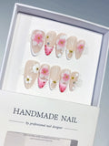 Medium Nude Pink Almond French tip Flower Dot Pattern
