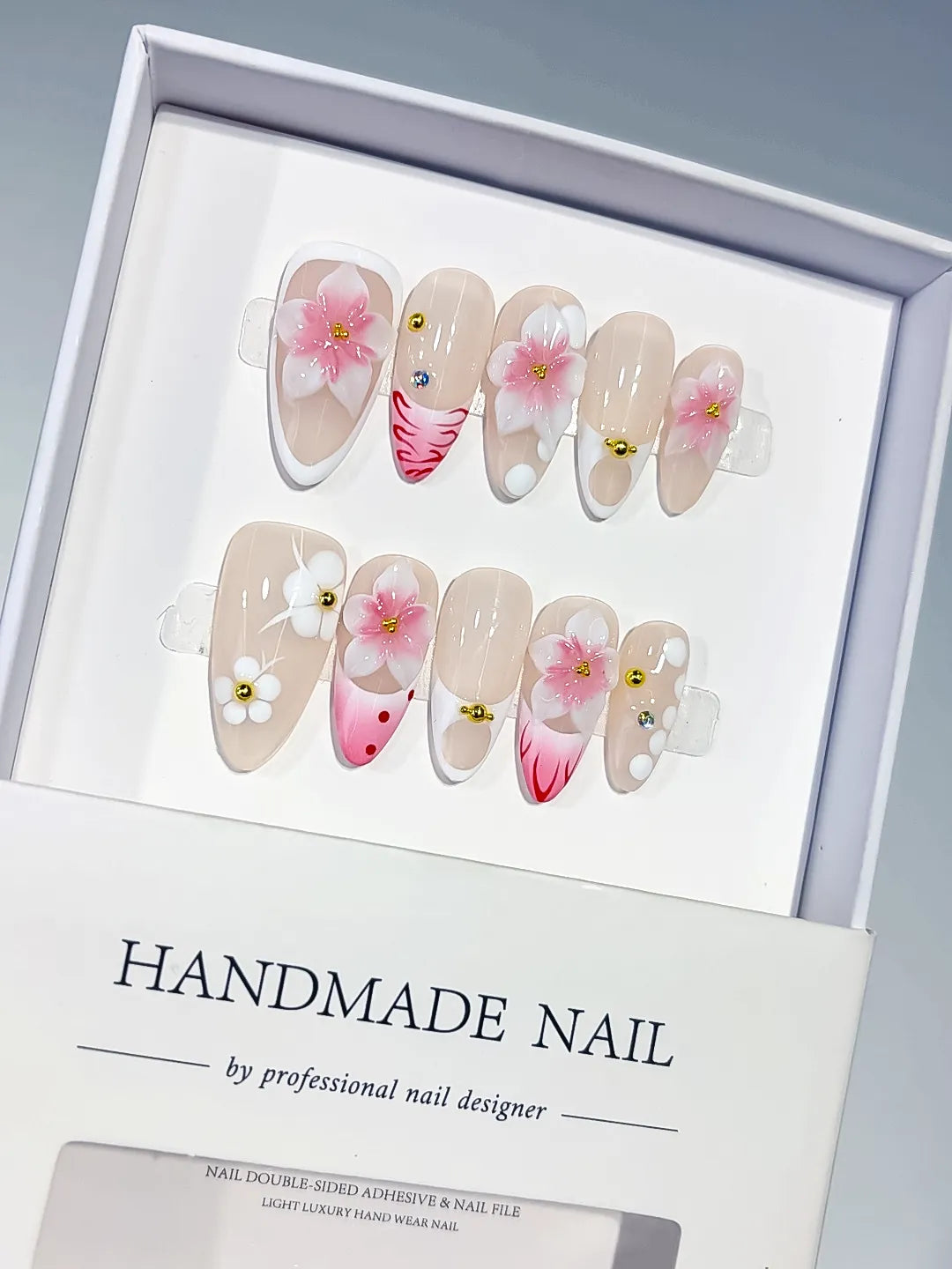 Medium Nude Pink Almond French tip Flower Dot Pattern