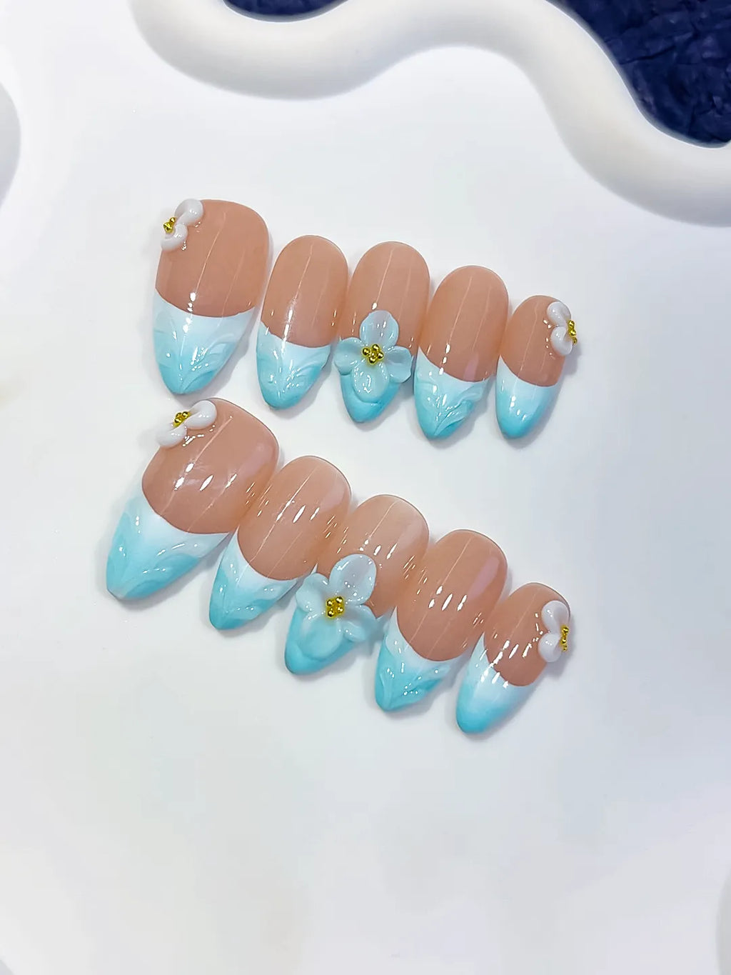 Medium Nude Blue Almond French tip Flower Bow