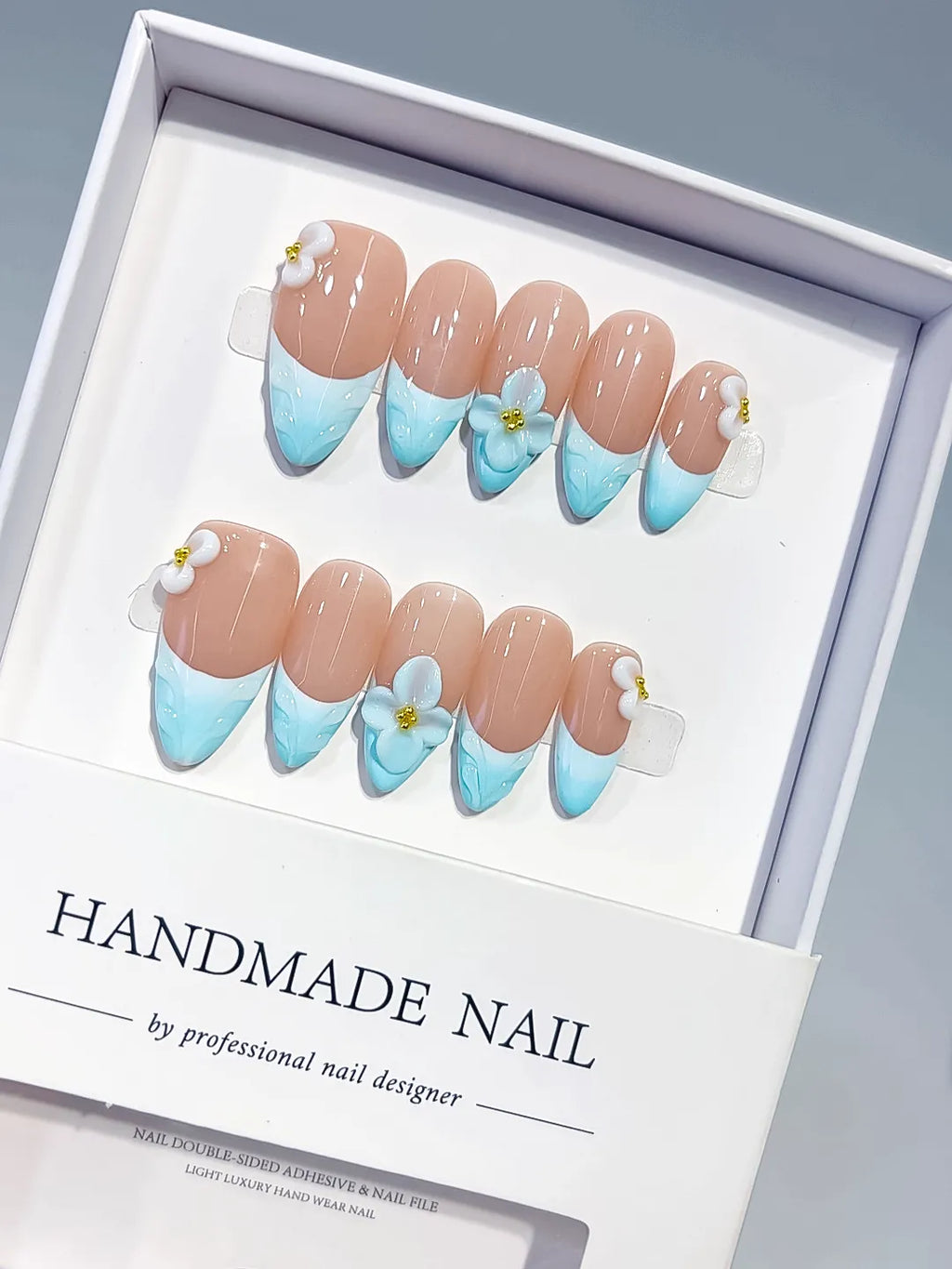 Medium Nude Blue Almond French tip Flower Bow