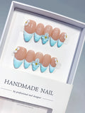 Medium Nude Blue Almond French tip Flower Bow