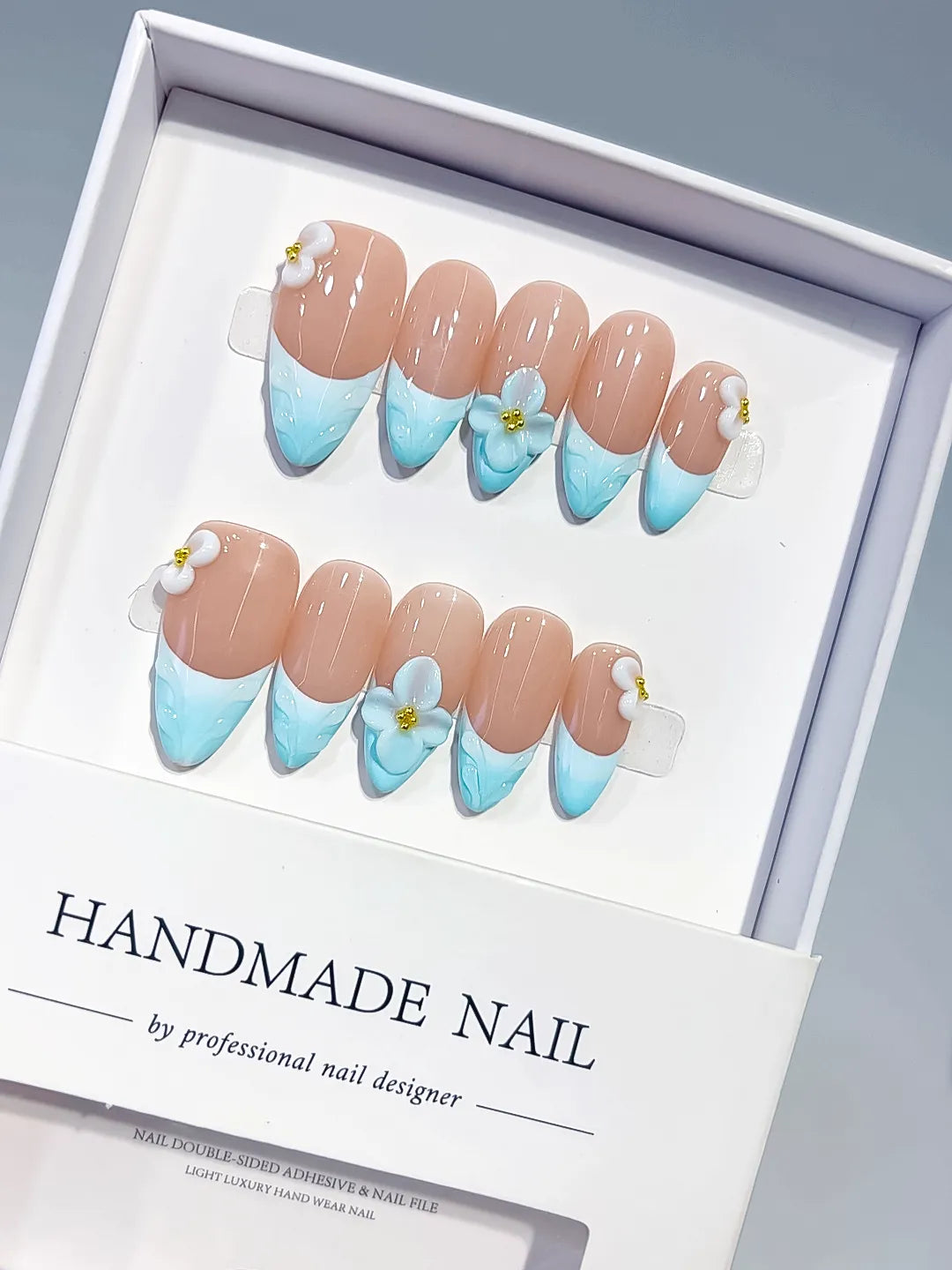 Medium Nude Blue Almond French tip Flower Bow