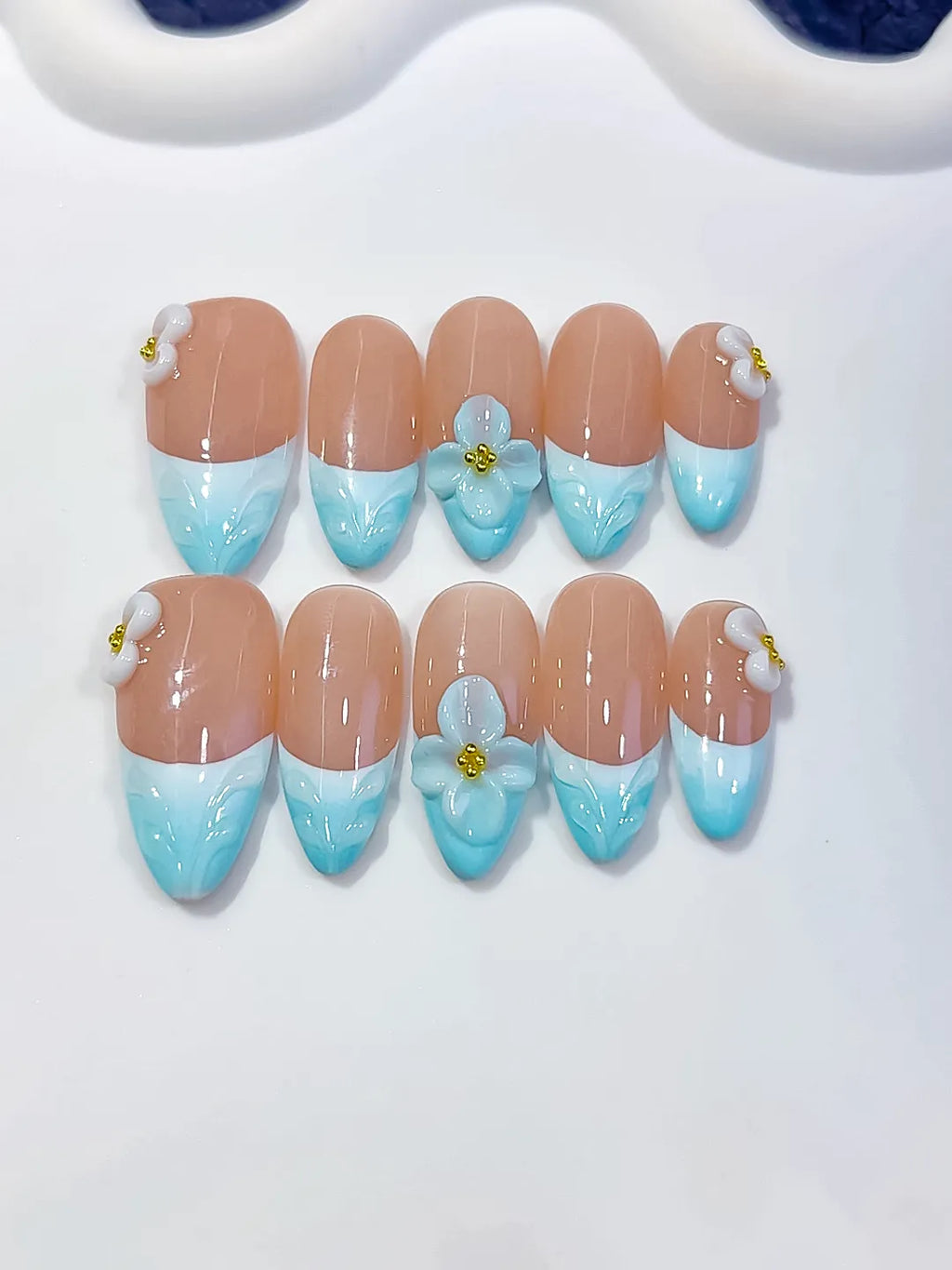 Medium Nude Blue Almond French tip Flower Bow