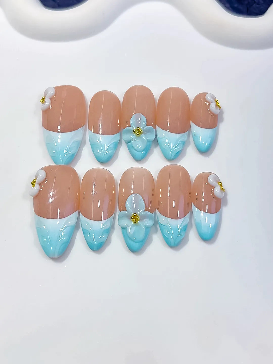 Medium Nude Blue Almond French tip Flower Bow