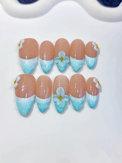 Medium Nude Blue Almond French tip Flower Bow