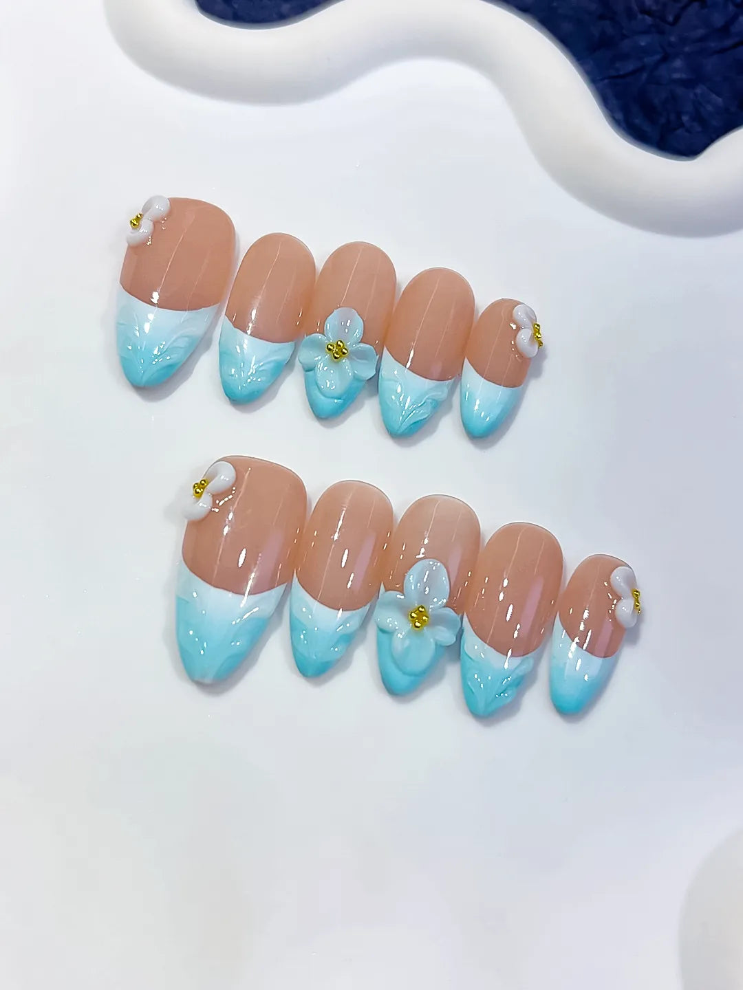 Medium Nude Blue Almond French tip Flower Bow