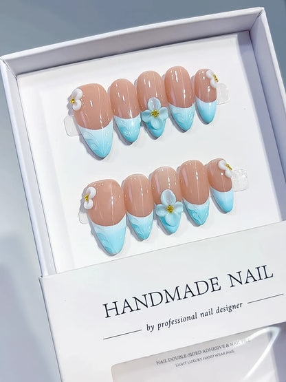 Medium Nude Blue Almond French tip Flower Bow